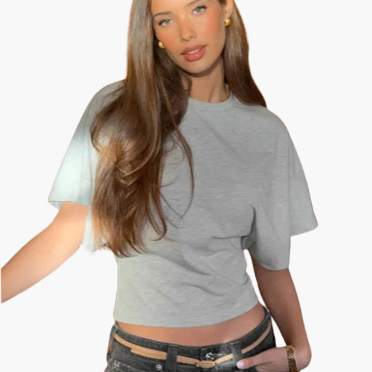 Solid Gray Cropped O-Neck T-Shirt