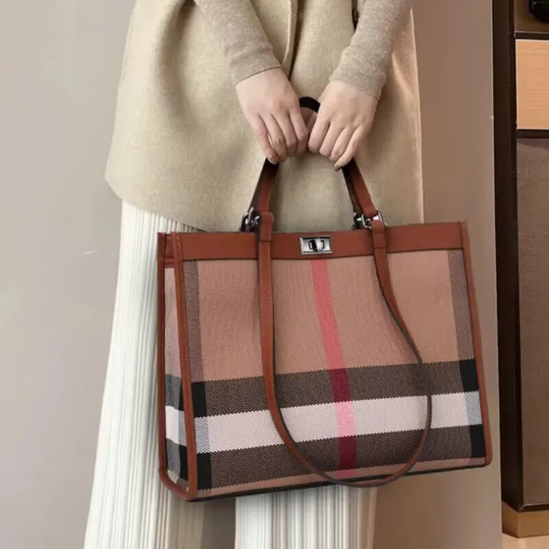 Striped Canvas Shopping Tote – Large Capacity Luxury Designer