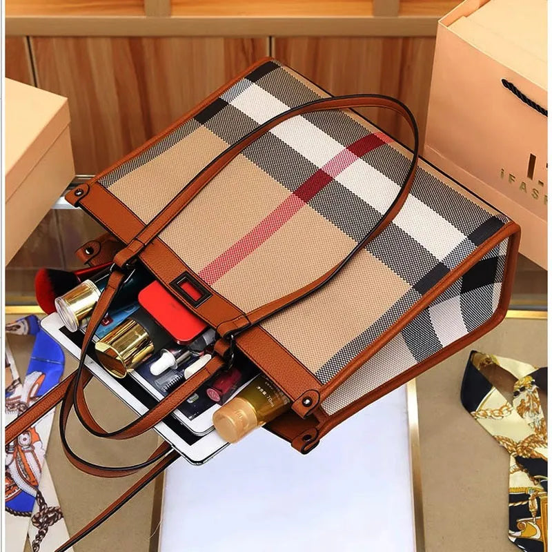 Striped Canvas Shopping Tote – Large Capacity Luxury Designer