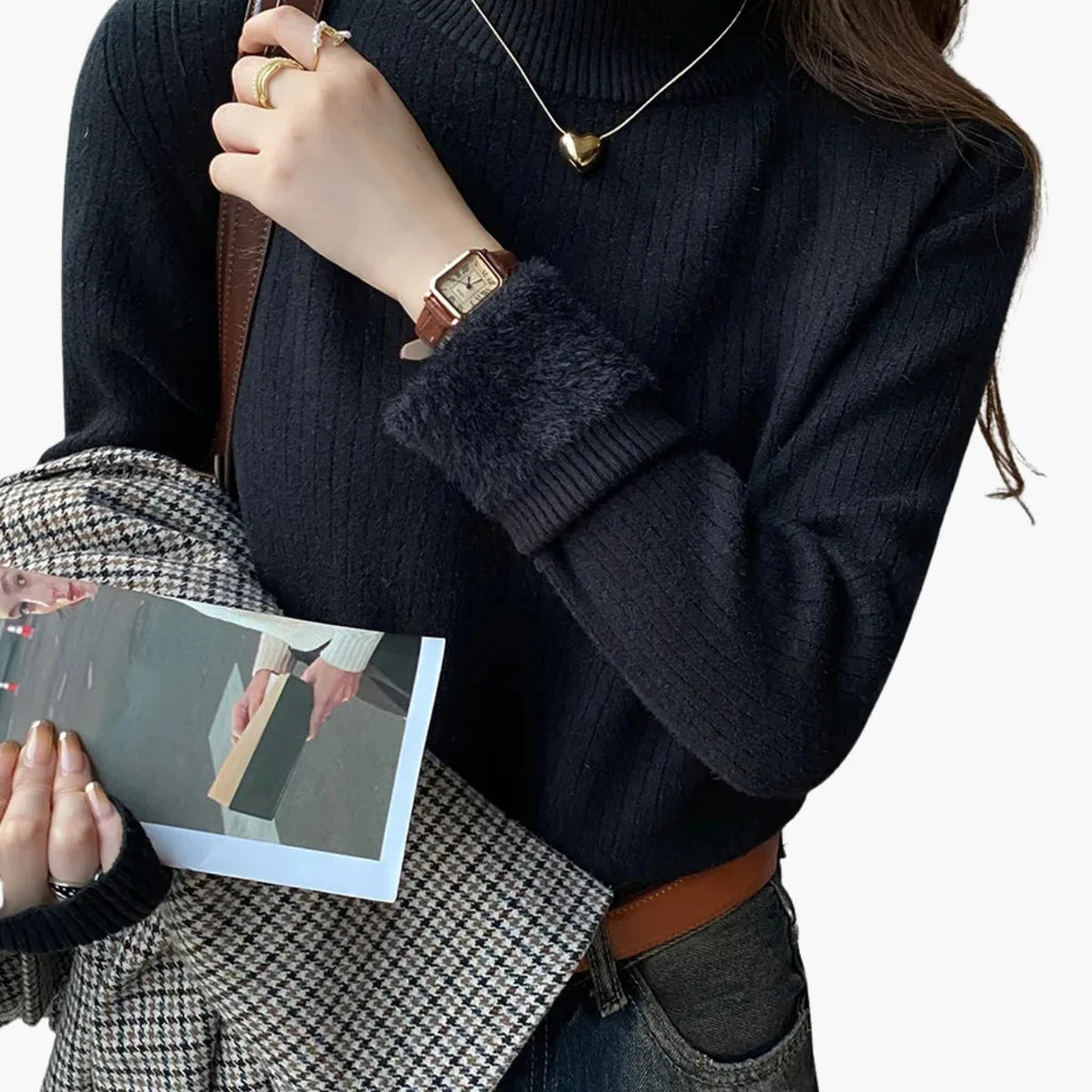 Retro Red Velvet-Lined Turtleneck Sweater