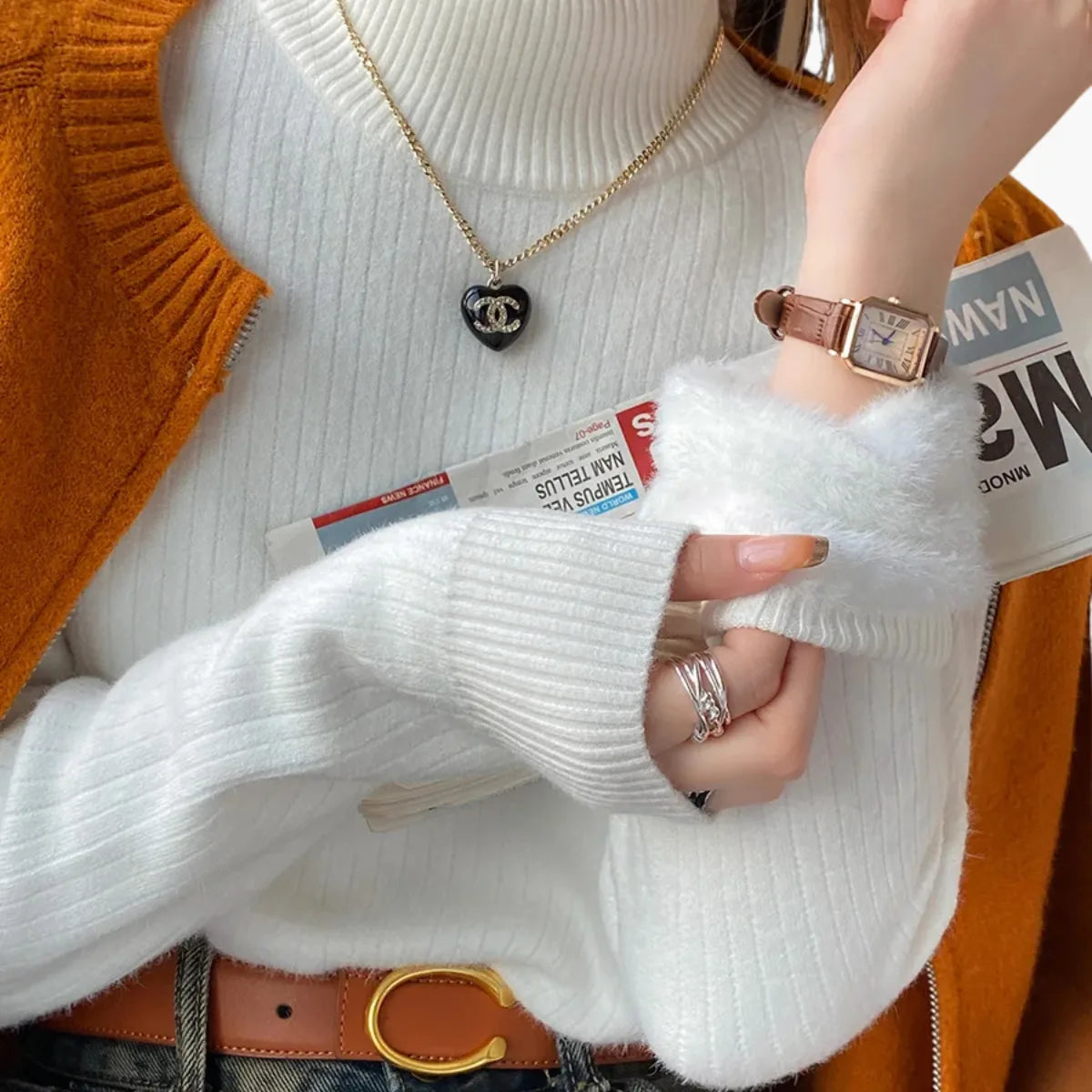 Retro Red Velvet-Lined Turtleneck Sweater