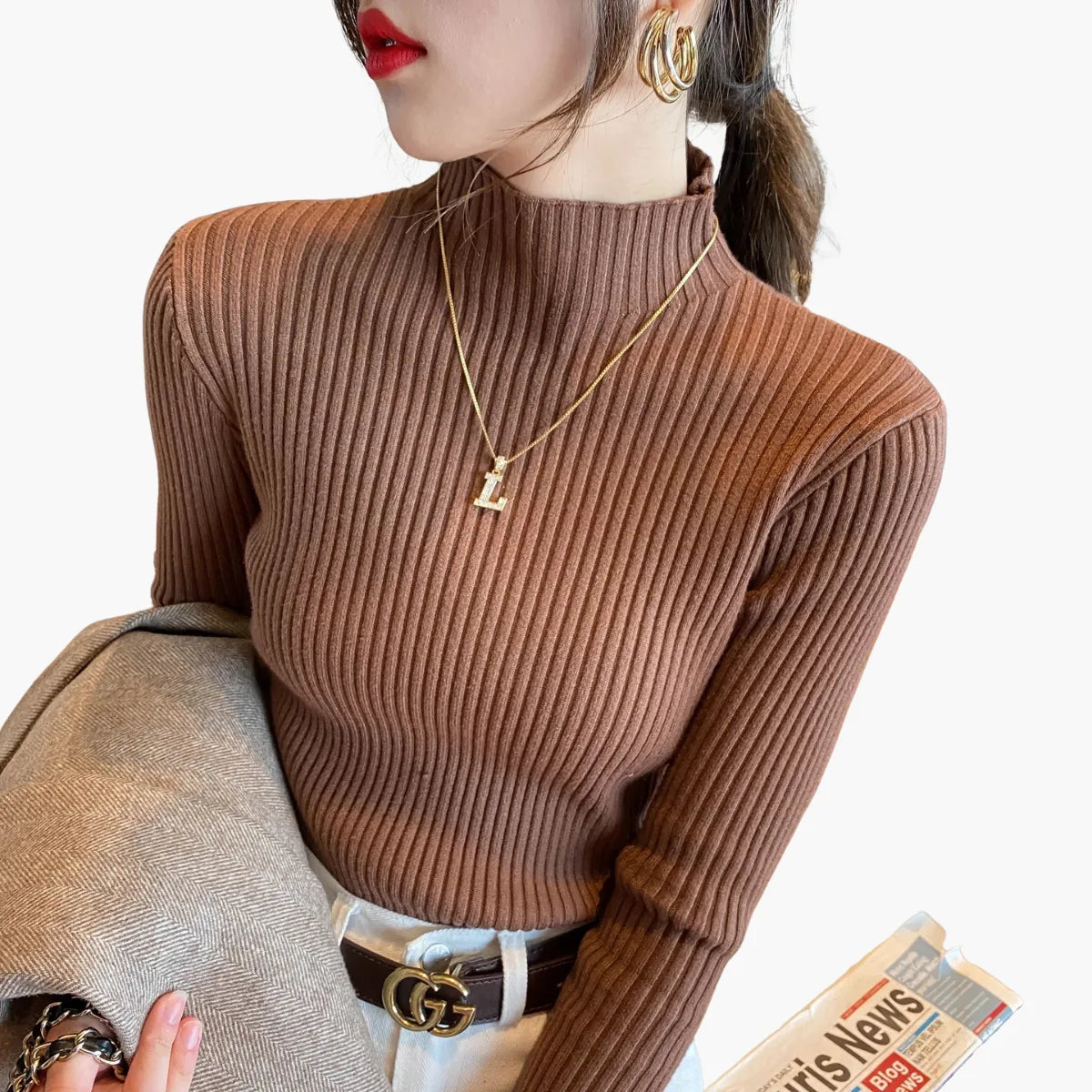 Winter Slim Knit Mock Neck Sweater