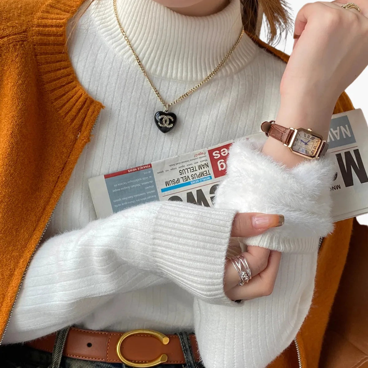 Retro Red Velvet-Lined Turtleneck Sweater