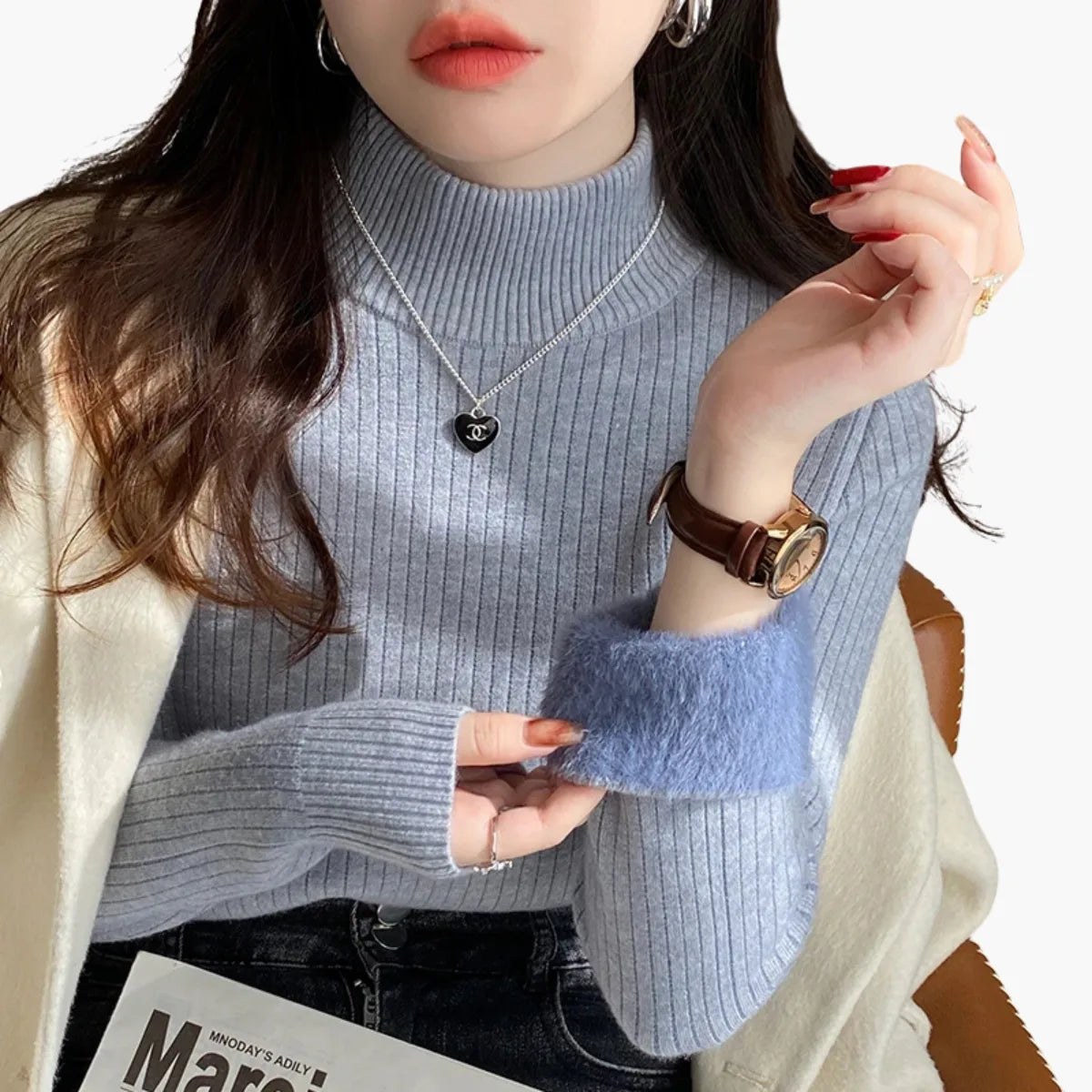 Retro Red Velvet-Lined Turtleneck Sweater