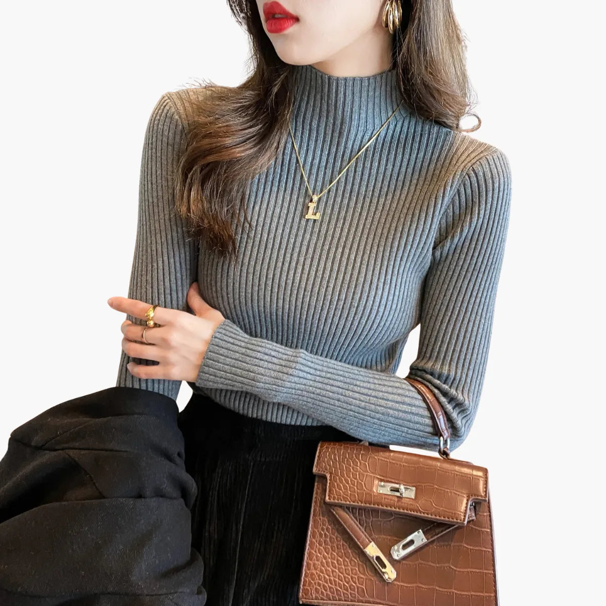 Winter Slim Knit Mock Neck Sweater